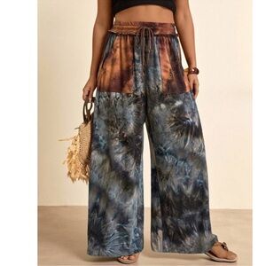 Plus Tie Dye Color Block Stretchy Waist Wide Leg Pants 1X 2X 3X 4X